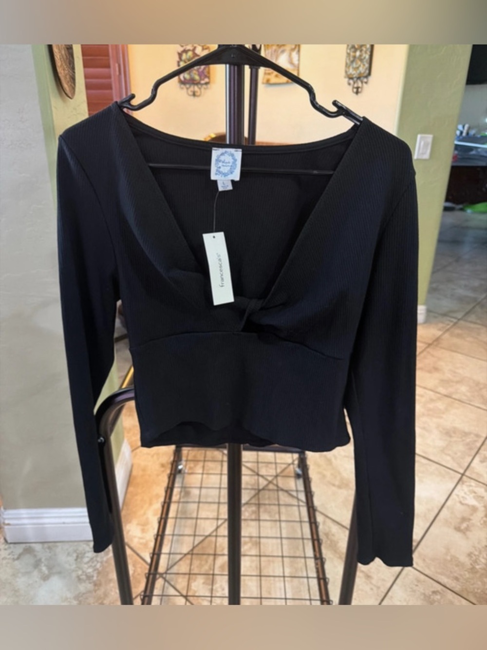 NWT Lg. Blue Rain from Francesca's black crop top Twist-Front Long Sleeve Top